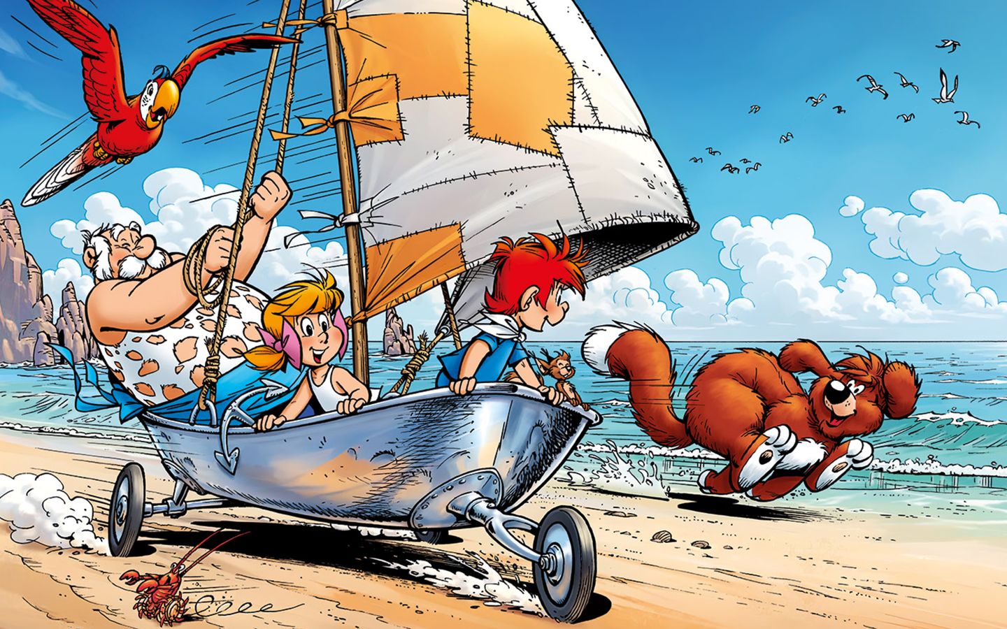 Ambros mit Didi und Dodo im Strandsegler