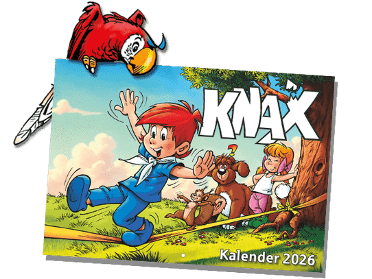 Papagei Ringo schaut den KNAX-Kalender 2026 an