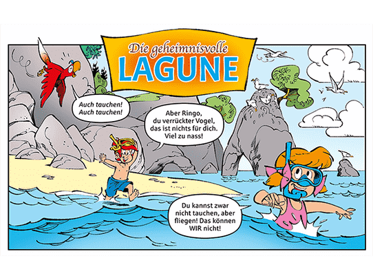 Didi und Dodo laufen mit Schnorchel ins Meer und wollen tauchen gehen
