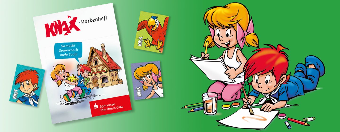 KNAX-Galerie Didi und Dodo malen, daneben ist das KNAX-Sammelheft und Sammelmarken