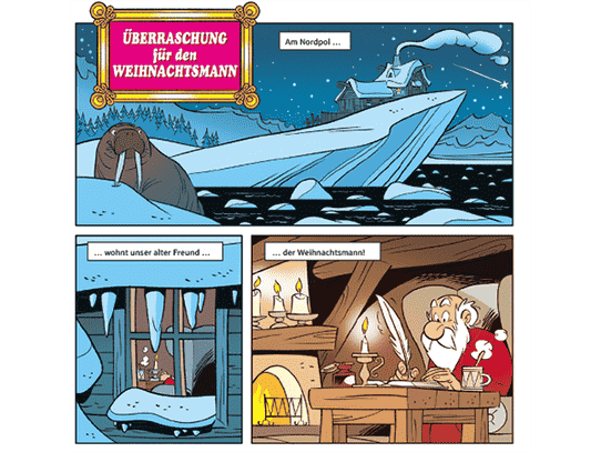 Erstes Bild des Comics "Überraschung für den Weihnachtsmann": Eisberg, Nordpol, der Weihnachtsmann sitzt an einem Tisch in einer Stube