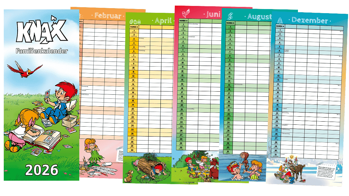 Titelbild und mehrere Monatsseiten des KNAX-Familienkalenders 2026