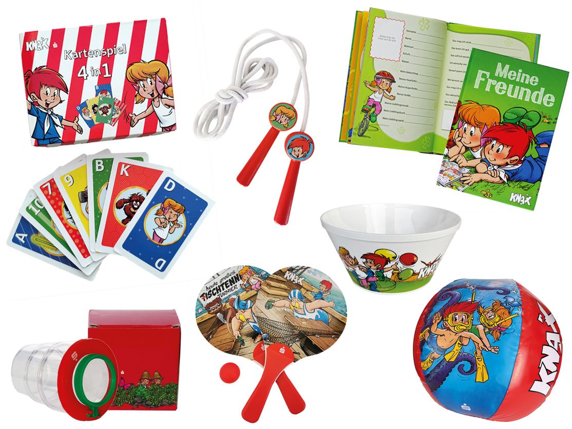 KNAX-Geschenke: Kartenspiel, Müslischale, Freundebuch, Springseil, Beachball-Set, Wasserball, Becherlupe
