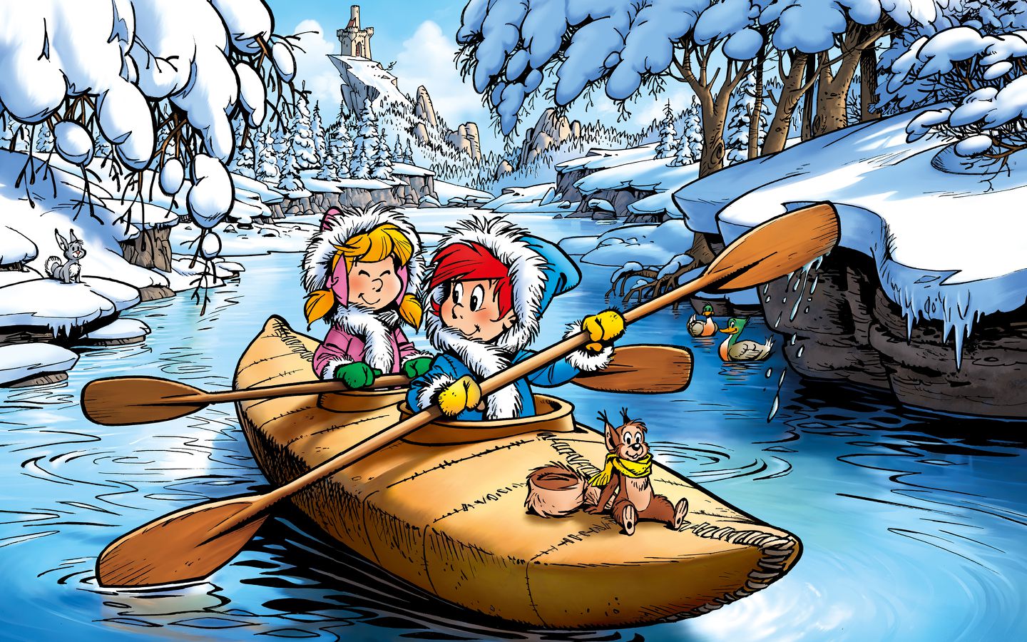 Didi und Dodo paddeln in Winterlandschaft in einem Kajak