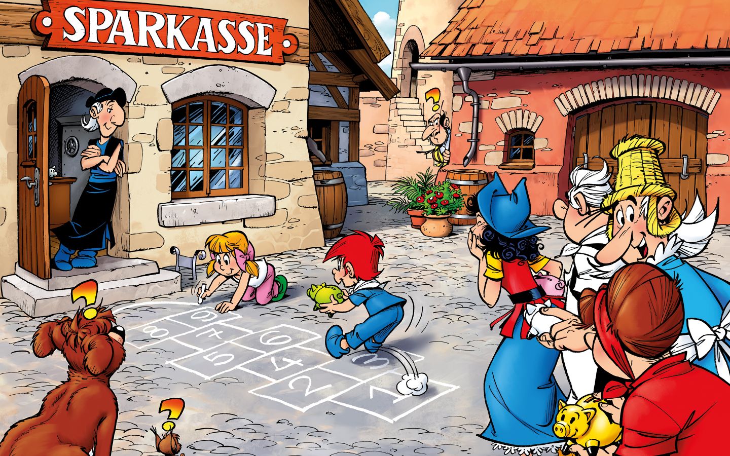 Die KNAXianer warten von der Sparkasse, Didi und Dodo haben ein Hüpfspiel auf den Boden gemalt