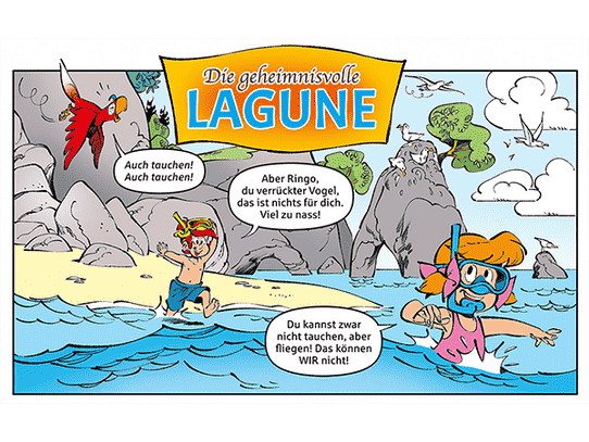 Didi und Dodo laufen mit Schnorchel ins Meer und wollen tauchen gehen