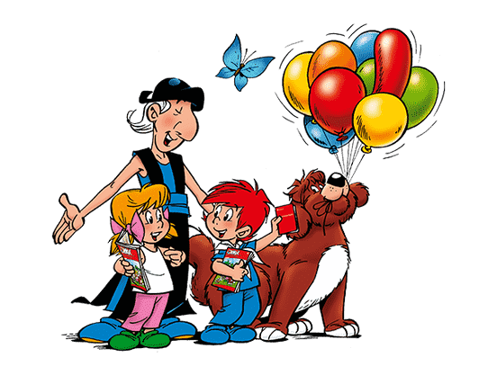 Gantenkiel, Didi, Dodo und Nero mit Luftballons 