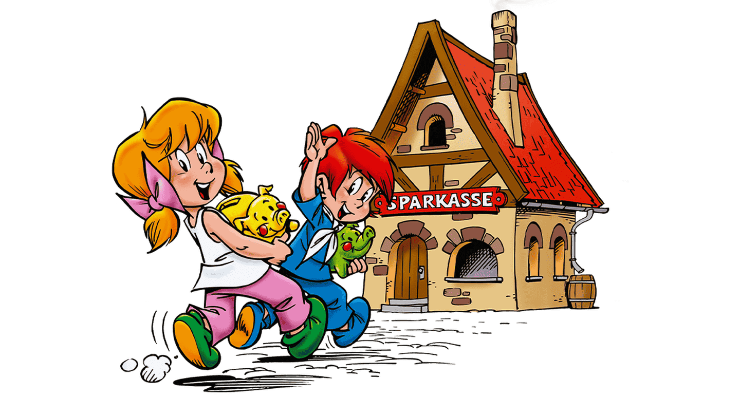 Didi und Dodo laufen zur Sparkasse